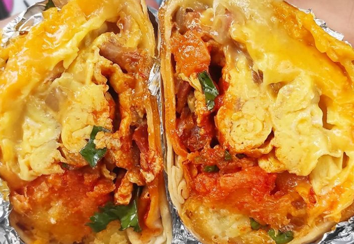 breakfast burrito cut in half