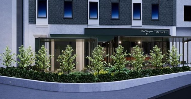 ai building drawing of the exterior of a restaurant with a sign saying Michael's surrounded by a wall and trees