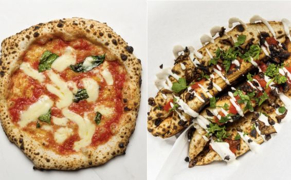 split screen showing a pizza on one side, and a pizza folded portafoglio style on the other