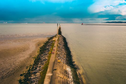 Aerial view of Bull Island walk with blue skies