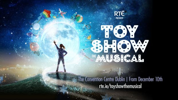 poster for toy show the musical, silhouette of a little girl against a full moon with kites, balls and other toys floating around her