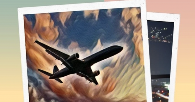 polaroid style photo of a plane in flight through a cloudy sky