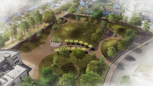 cgi aerial image of the people's park in ballyfermot, showing trees and green spaces