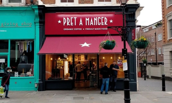 exterior of a pret a manger branch on a street in London