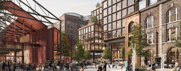 mock up image for the Guinness Quarter with large glass and red brick buildings, and an iron barn type structure