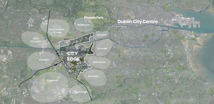 map of Dublin with an area highlighted and the words "City Edge" typed on top of it