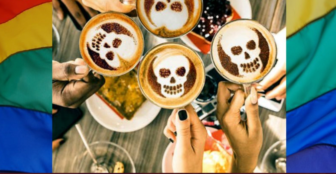 people holding coffee cups in a 'cheers' motion, coffees have designs of skulls on top
