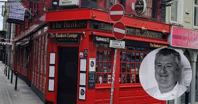 exterior of Bankers bar, a smaller image of chef Colm Mooney attached