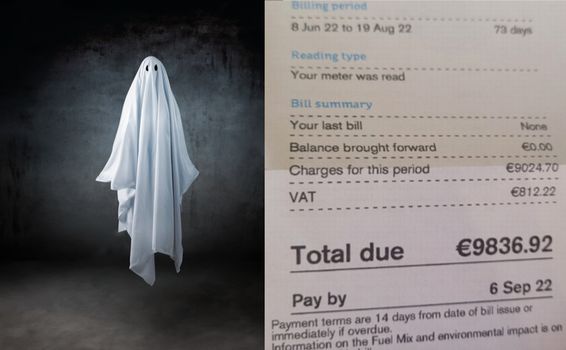 image of a ghost sheet costume along side a photo of an energy bill