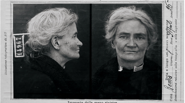 old fashioned mugshot for Violet Gibson, an Irish woman with white hair.