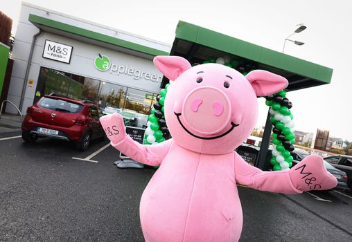 person in a percy pig costume outside an applegreen garage