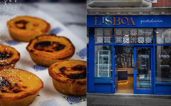 image of a tray of pastel de natas alongside an image of the exterior of Lisboa, a cafe in dublin