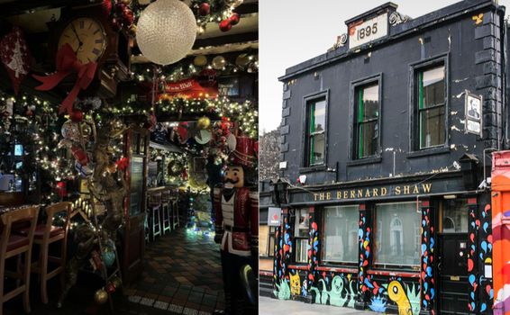 two images, one is the interior of a pub decorated for christmas and one is the exterior of the old bernard shaw pub on camden Street