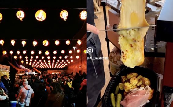 side by side images of a nightmarket with colourful lanterns overhead and crowds working through, and raclette cheese being scraped onto a plate of potatoes and meat