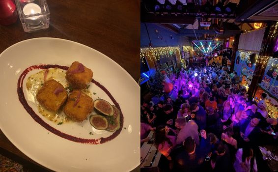 two images, one of breaded cheese wedges and one of a nightclub scene at the bernard shaw