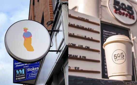 side by side images, one of the shop sign for Jaru restaurant, one of a coffee cup from 505 cafe with cafe's menu in the background