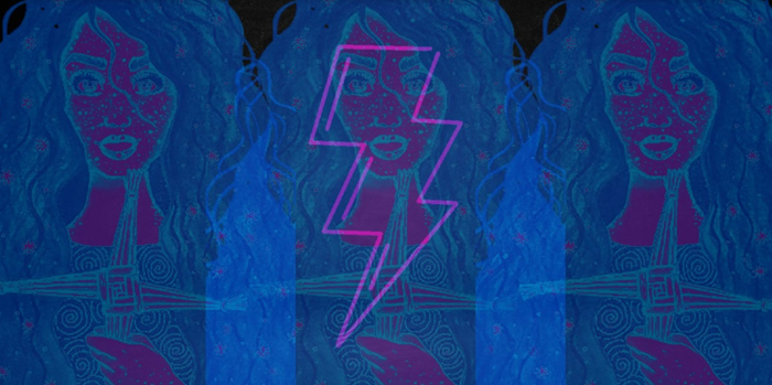 three line drawn images of a woman holding a st brigids cross with a lightning strike in the middle