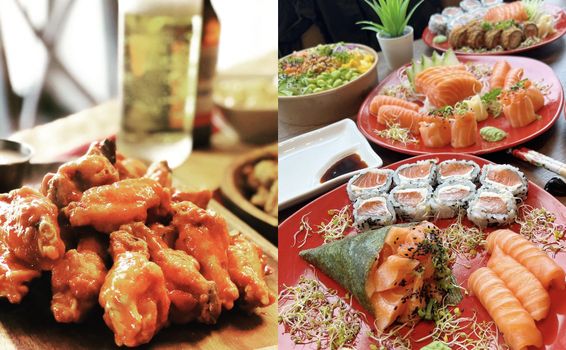 two images, one of a bowl of chicken wings, one of an assortment of salmon sushi