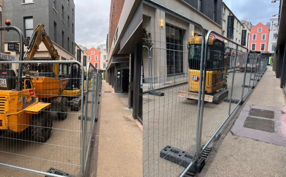 two images of construction vehicles and high fencing outside lemon and duke pub in dublin 2