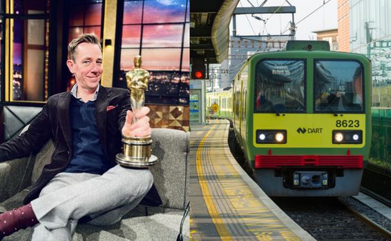 side by side images of Ryan Tubridy smiling on the Late Late Show set and a dart pulling into a station