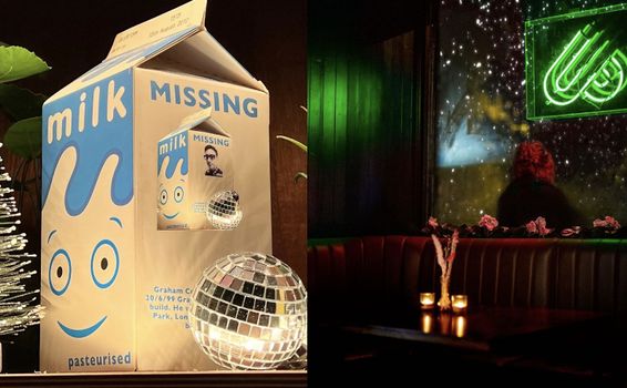 side by side images of the milk carton from Blur's Coffee and TV music video and the interior of The Big Romance pub