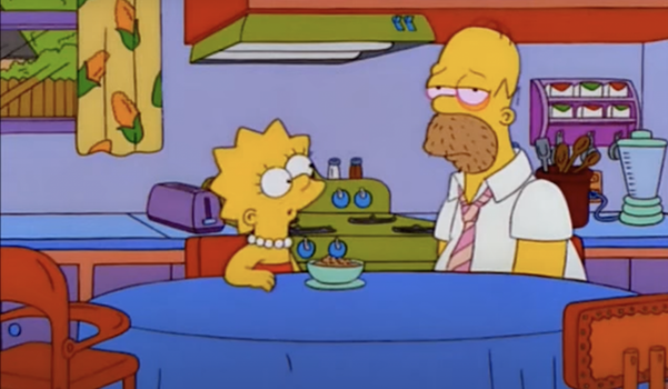 still from an episode of the simpsons showing Homer looking hungover