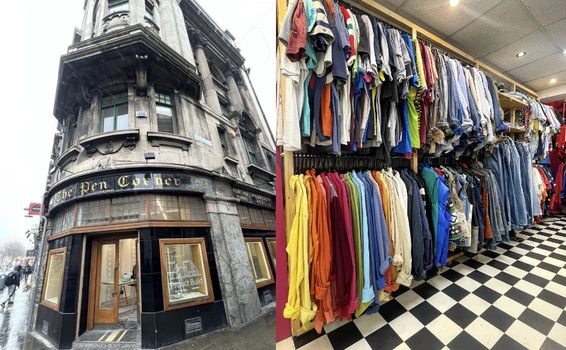 side by side images of the exterior of the pen corner and interior of tola vintage store with rails of clothes and checkered flooring