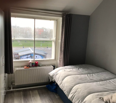 a single bed in a bedroom with a large window looking out onto a park