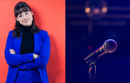 side by side images of comedian Ailish McCarthy and a microphone on a stage