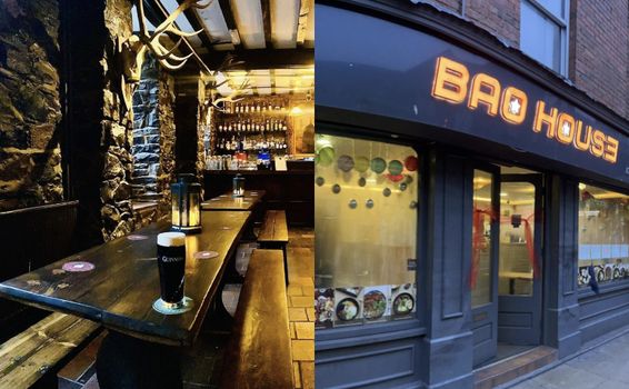 interior of a traditional irish pub with guinness sitting on the table and the exterior of recently closed bao house on aungier street
