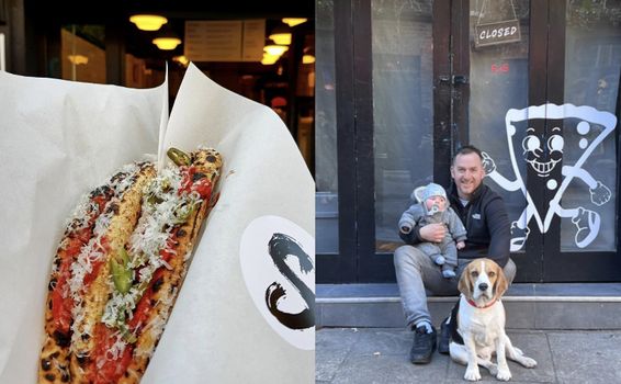 side by side images of a pizza slice from Southpaw and the owner posing outside the business with his dog and baby son